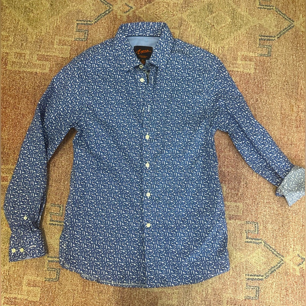 Mens Egara slim fit stretch blue butterfly print button down dress shirt medium